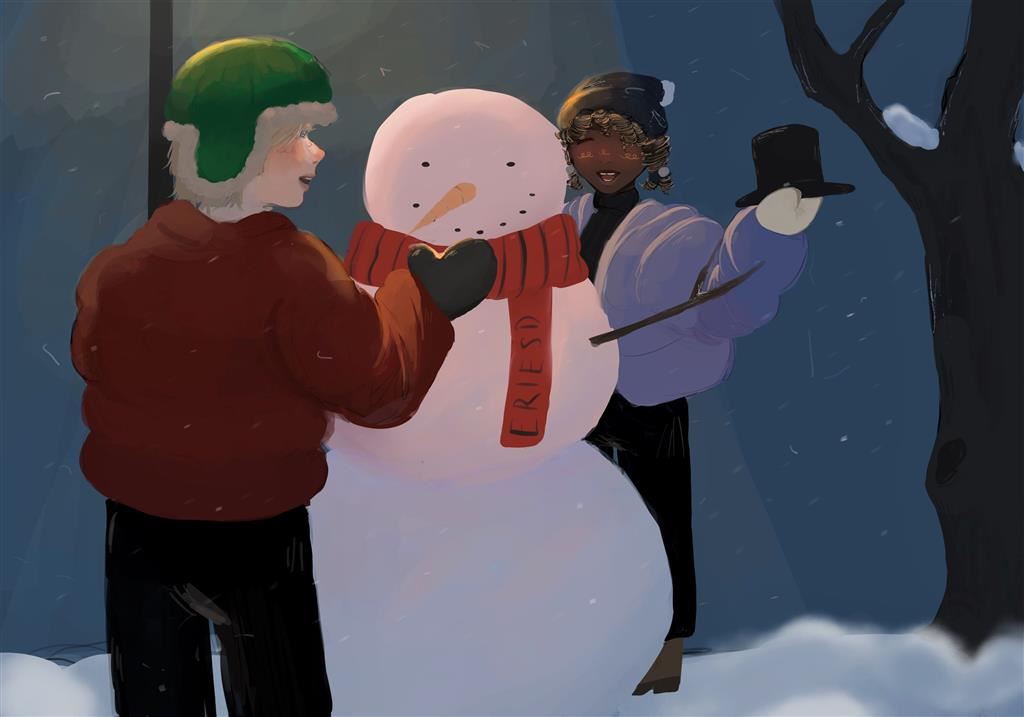 Winter scene of two students building a snowman with a red scarf embroidered with "Erie SD."